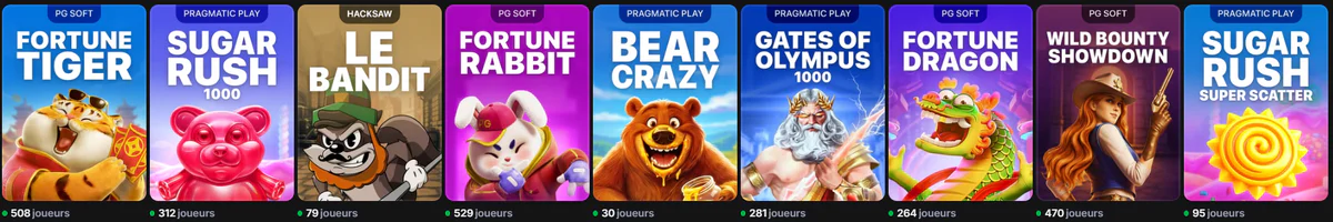 1win Casino sélection de machines à sous avec Fortune Tiger, Sugar Rush 1000, Le Bandit, Fortune Rabbit, Gates of Olympus 1000 et Wild Bounty Showdown